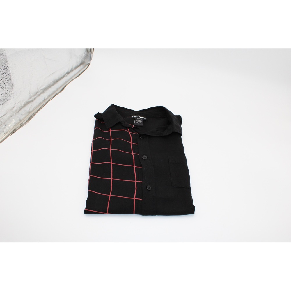 Hot Topic Button Front Shirt Black Red Grid Colorblock Short Sleeve S 082670
